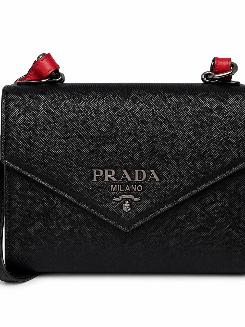 Prada Milano Black Saffiano Leather Shoulder Bag with Red Accents